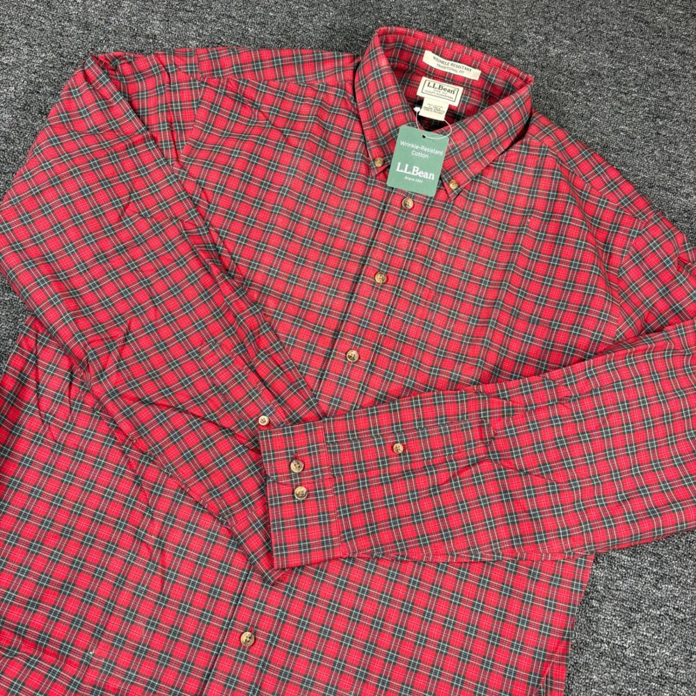 LL Bean Button Down Shirt Mens L-Tall Red Plaid Wrinkle Resistant 218574 NEW
